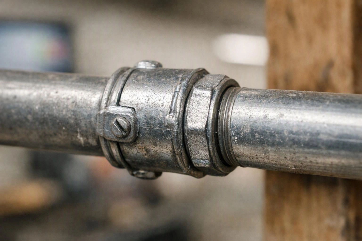 Close-up of a metal pipe connector joining two silver pipes against a blurred workshop background