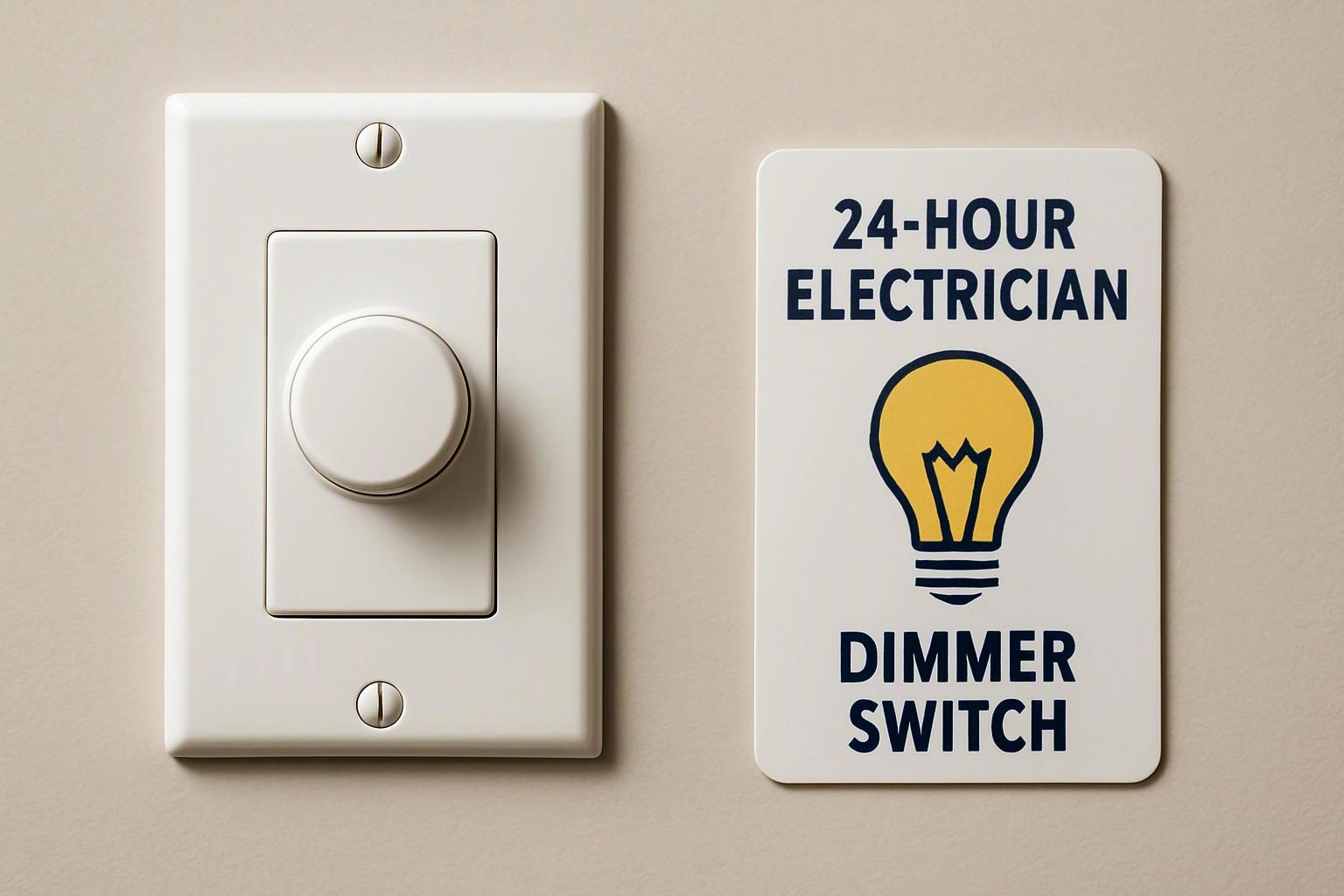 A white dimmer switch is mounted beside a sign with a lightbulb icon and the words “24-HOUR ELECTRICIAN” and “DIMMER SWITCH”