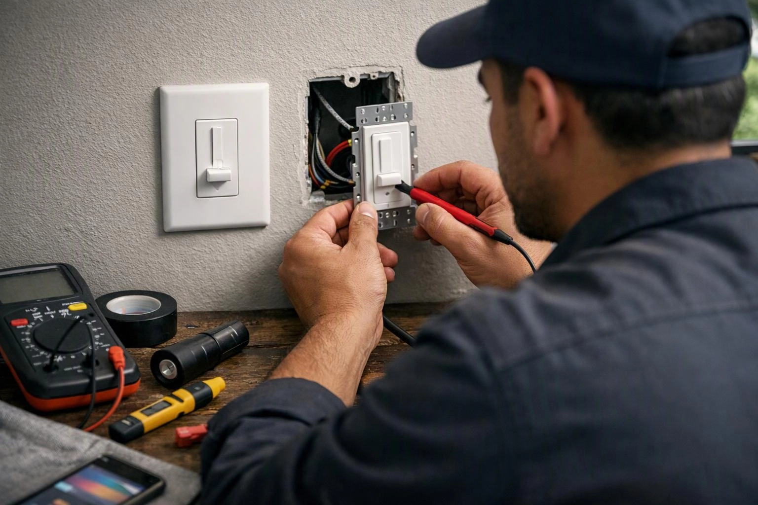 Electrician tests a wall switch with a red probe beside exposed wiring and tools on a wooden workbench