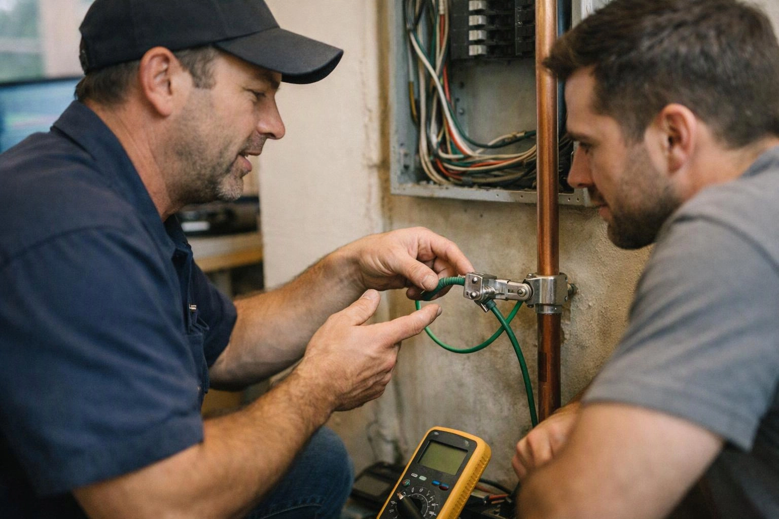 Two men inspect wiring and a copper pipe beside an open electrical panel indoors