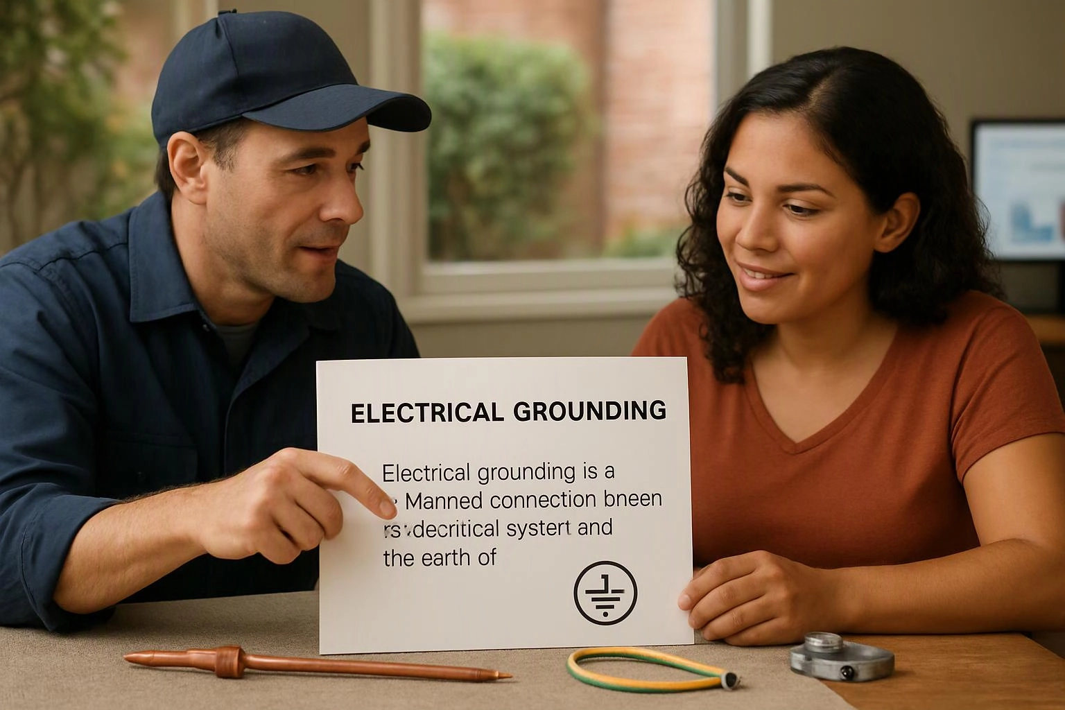 A man and woman study an electrical grounding sign at a table with tools and a wire loop