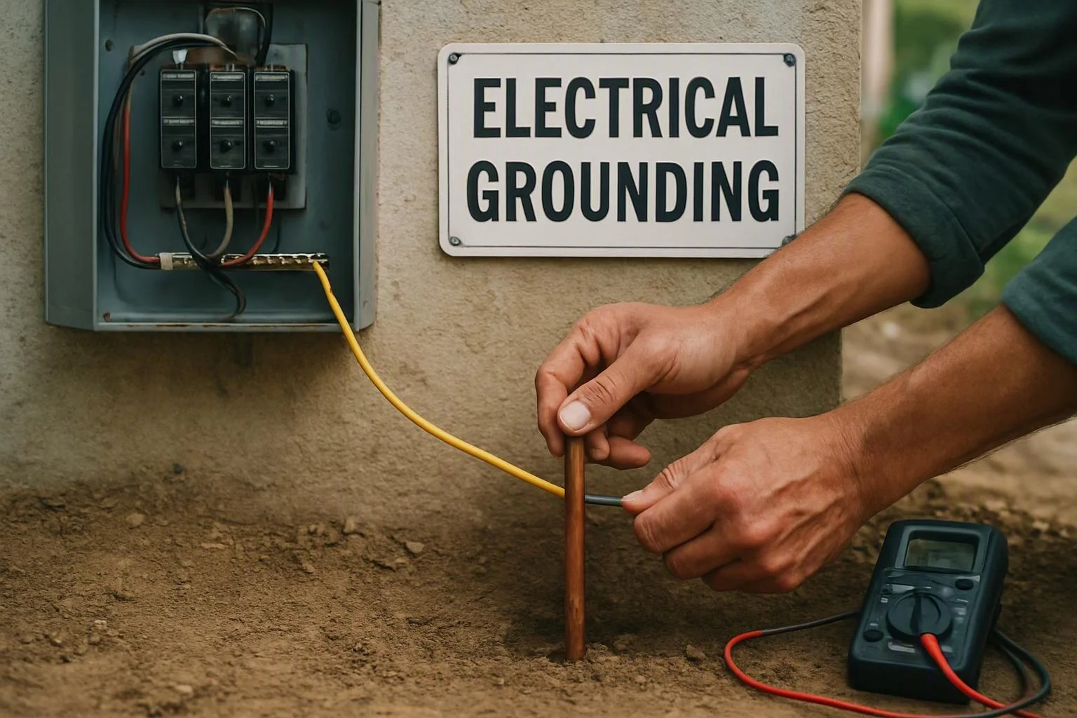 A person installs a copper grounding rod beside an electrical box, with a meter on the dirt ground