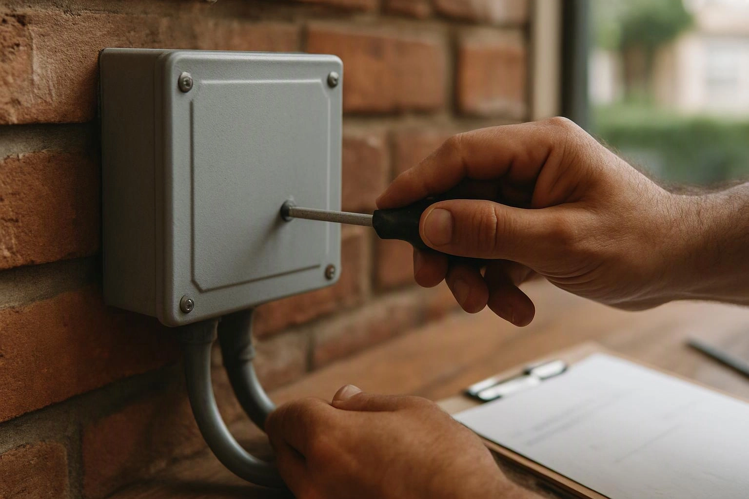 A hand turns a screwdriver on a gray electrical box mounted on a brick wall