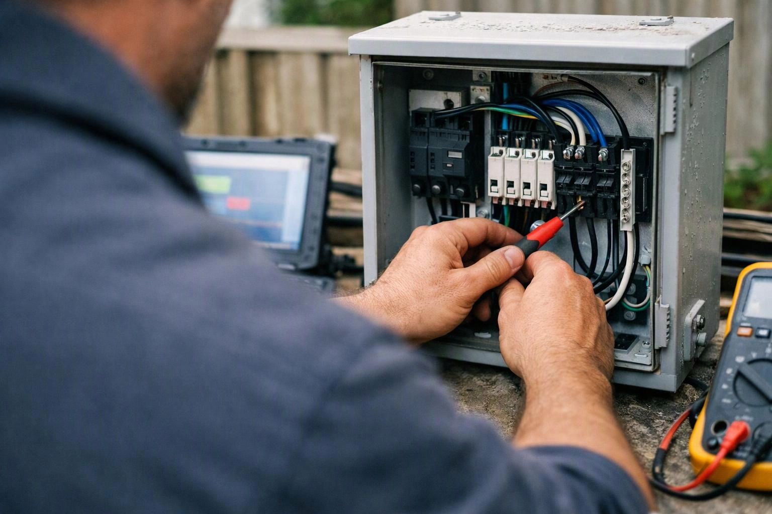 A technician tests wiring inside an open electrical control box with a multimeter probe outdoors