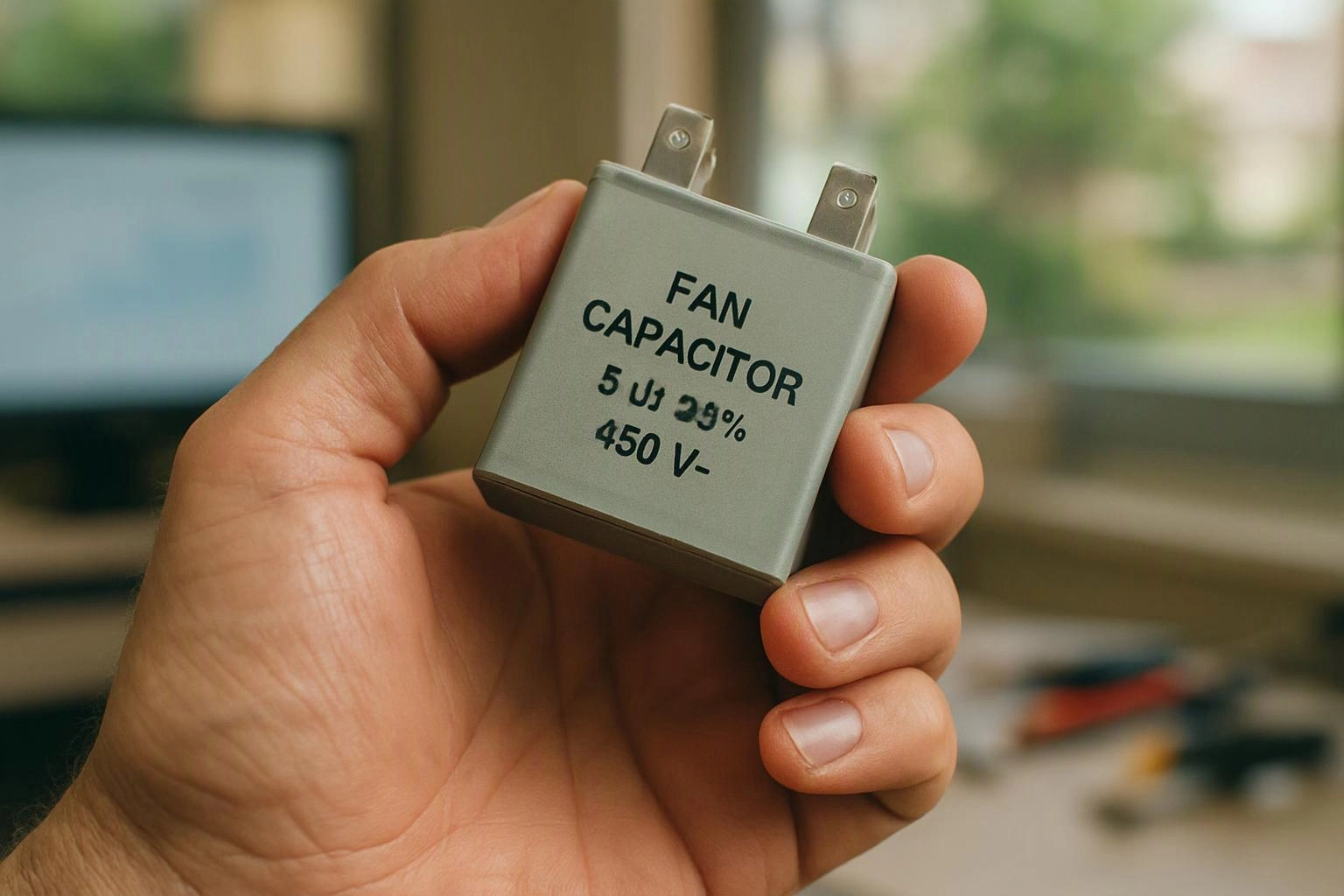 A hand holds a gray fan capacitor with printed text against a blurred indoor background