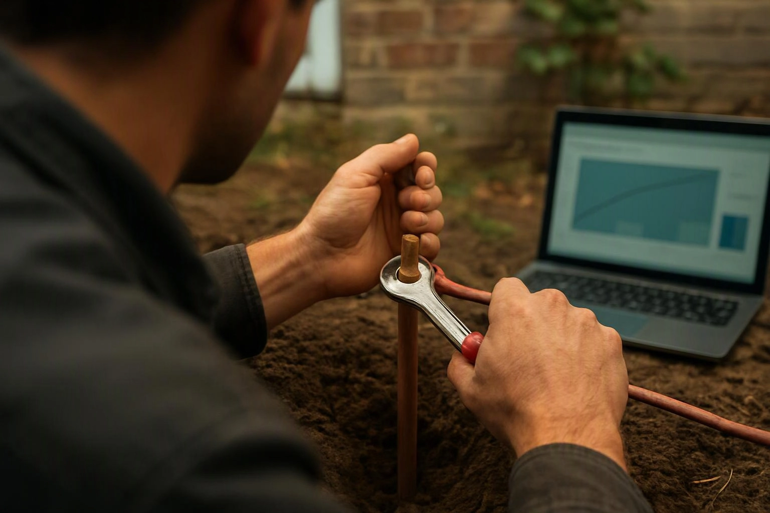 A person tightens a copper wire on a stake beside a laptop outdoors