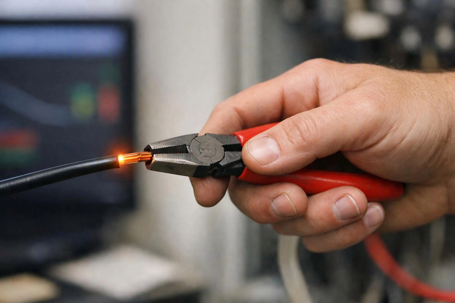 A hand grips red pliers, cutting into a black cable with a glowing copper end
