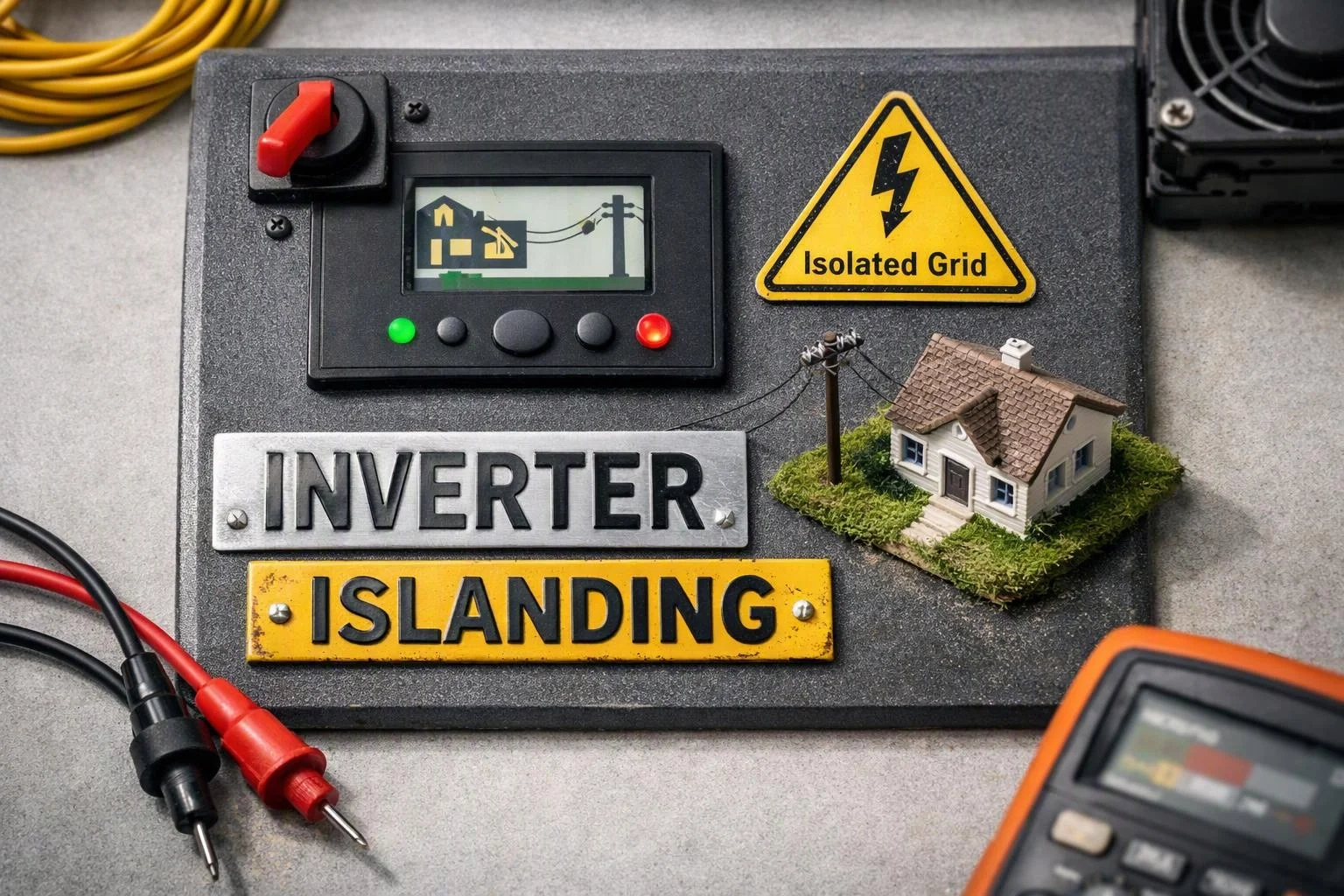 A model house, warning signs, and a small display sit on a panel with cables and probes around it