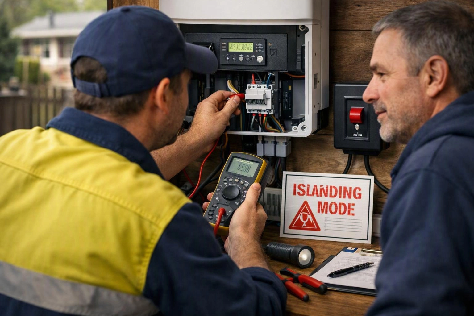Two workers inspect electrical wiring in an open control box beside a warning sign and tools on a wooden wall