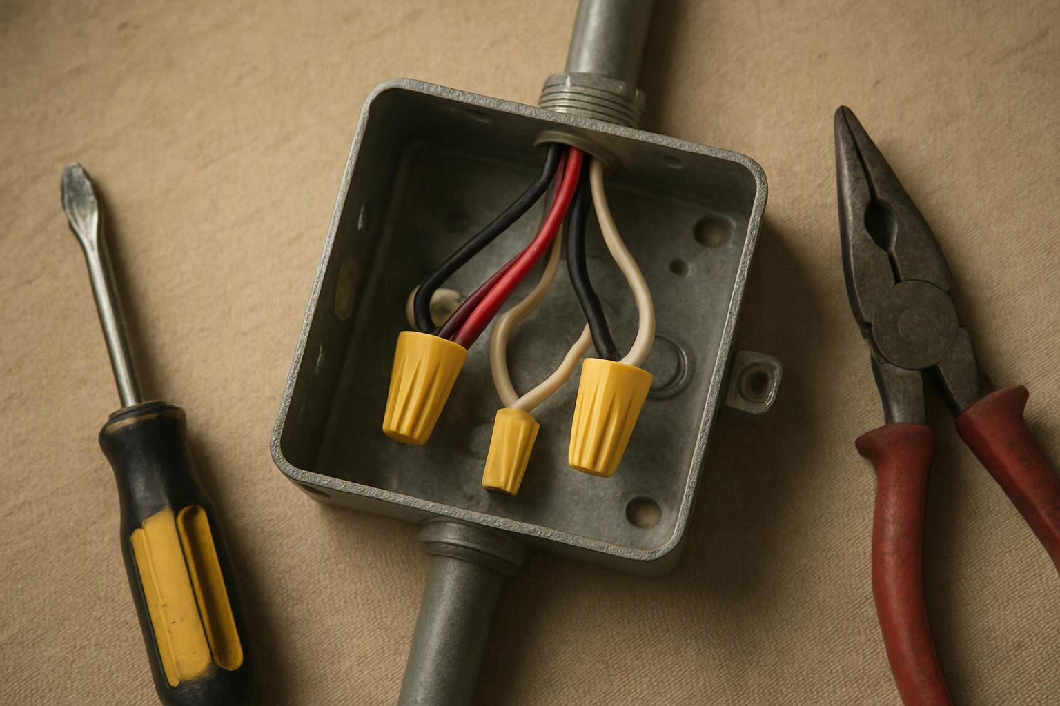 An open metal junction box shows colored wires capped with yellow wire nuts beside a screwdriver and pliers on a cloth surface