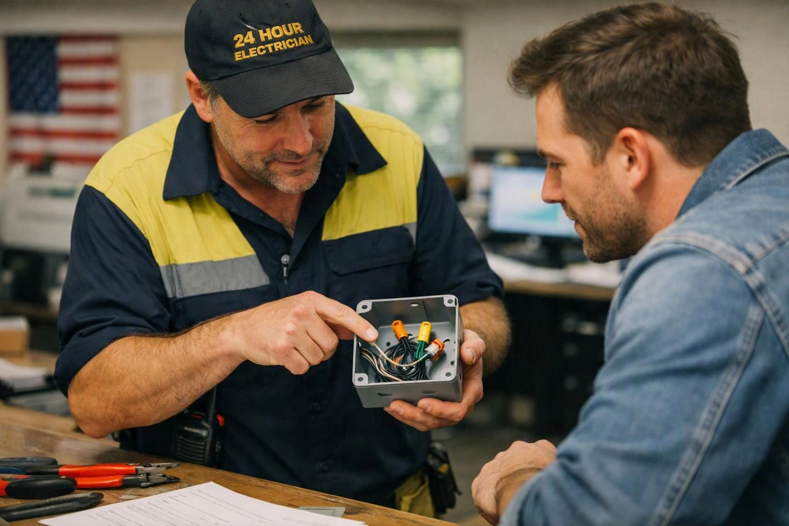 A electrician in a cap shows a man a wired junction box at a workbench indoors