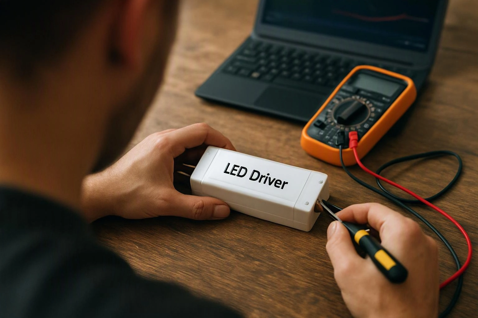 A person tests an LED driver on a wooden desk beside a laptop and multimeter