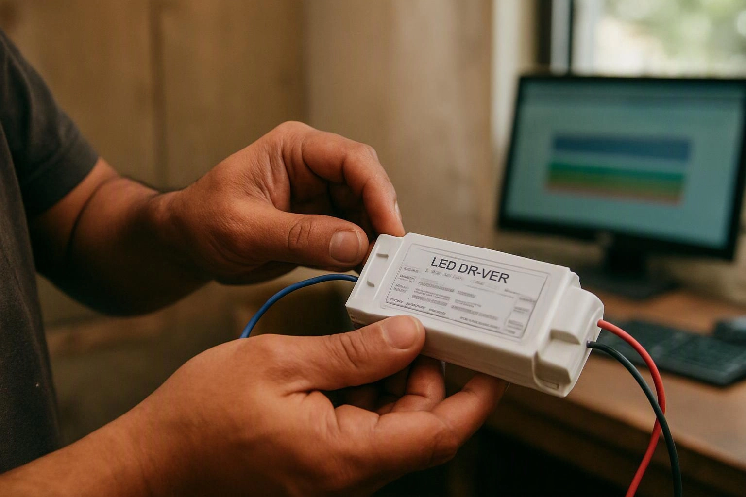 Hands hold a white LED driver with colored wires in front of a blurred computer monitor on a desk