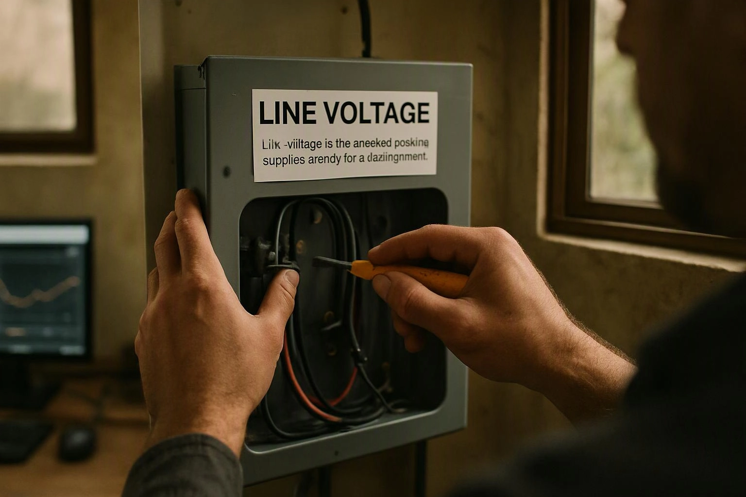 Hands open an electrical panel labeled LINE VOLTAGE while holding a screwdriver in a dim room