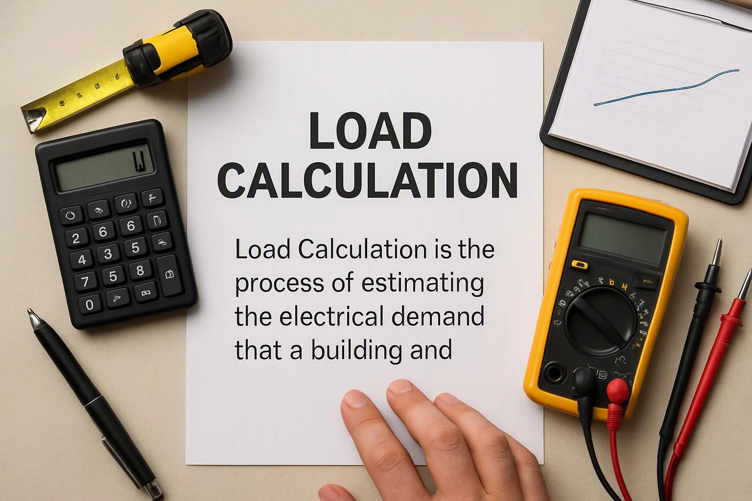 A hand holds a paper titled “LOAD CALCULATION” beside calculators, a tape measure, a multimeter, and pens