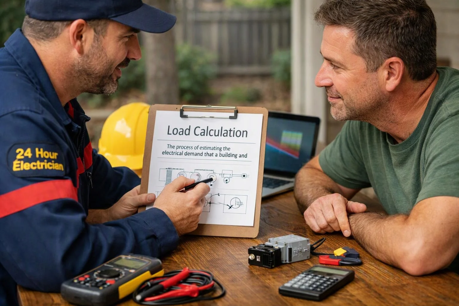 Two men talk over a clipboard titled “Load Calculation” at a table with electrical tools and a yellow hard hat