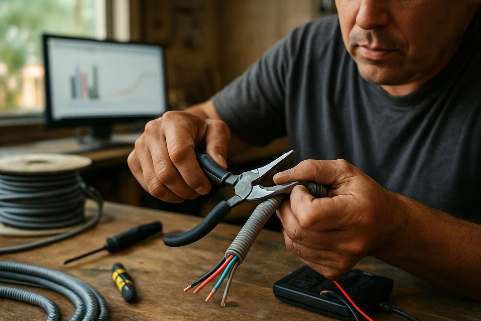 A man uses pliers to strip a cable with colored wires on a wooden workbench