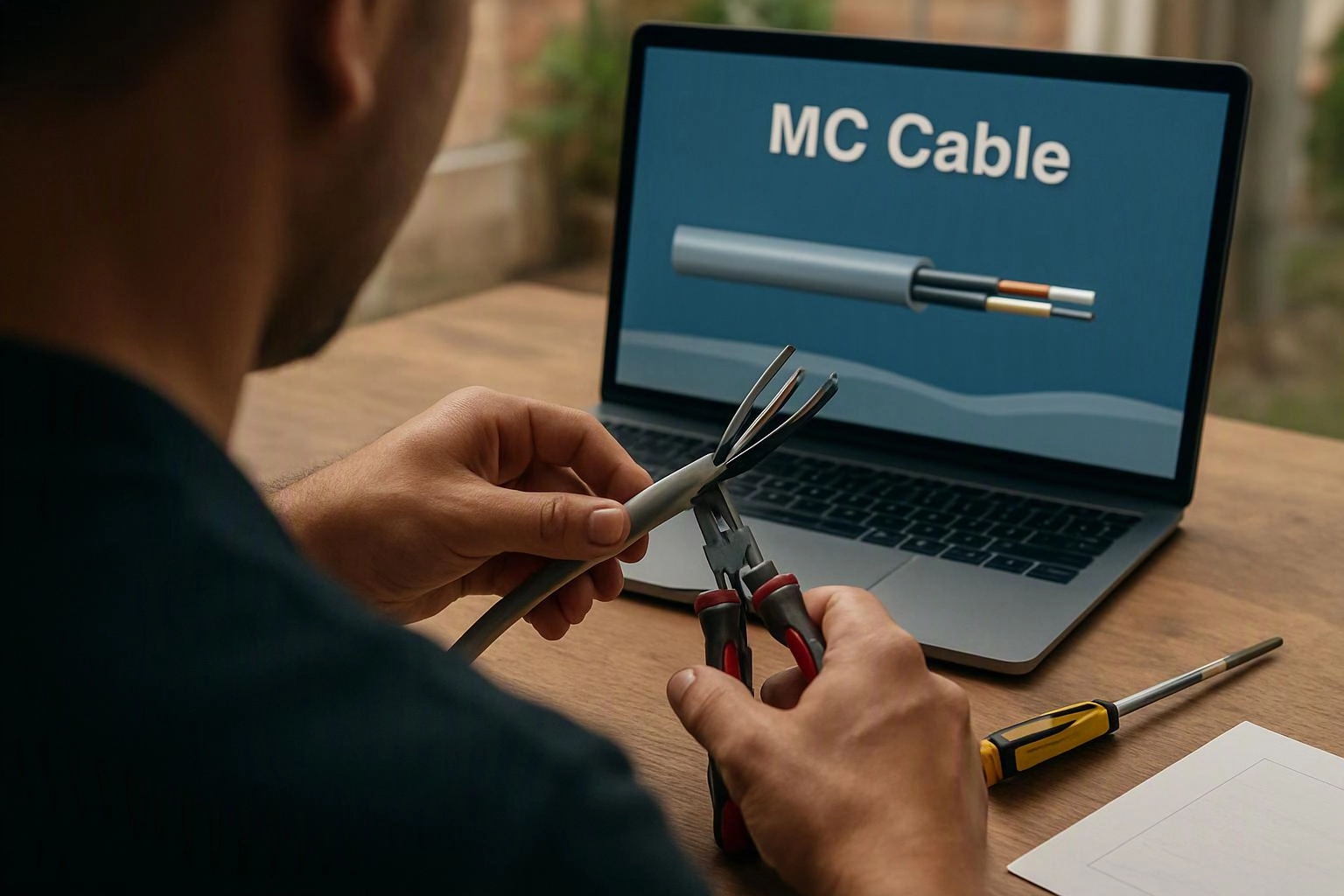 A person strips a cable with pliers at a desk while a laptop shows “MC Cable” on the screen