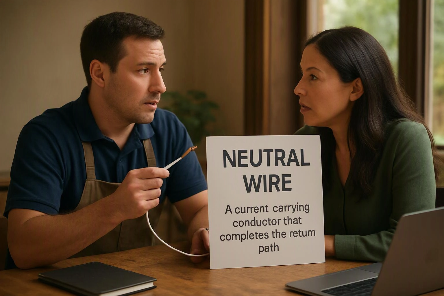 Two people talk at a table beside a sign reading “NEUTRAL WIRE,” with a laptop and notebook nearby