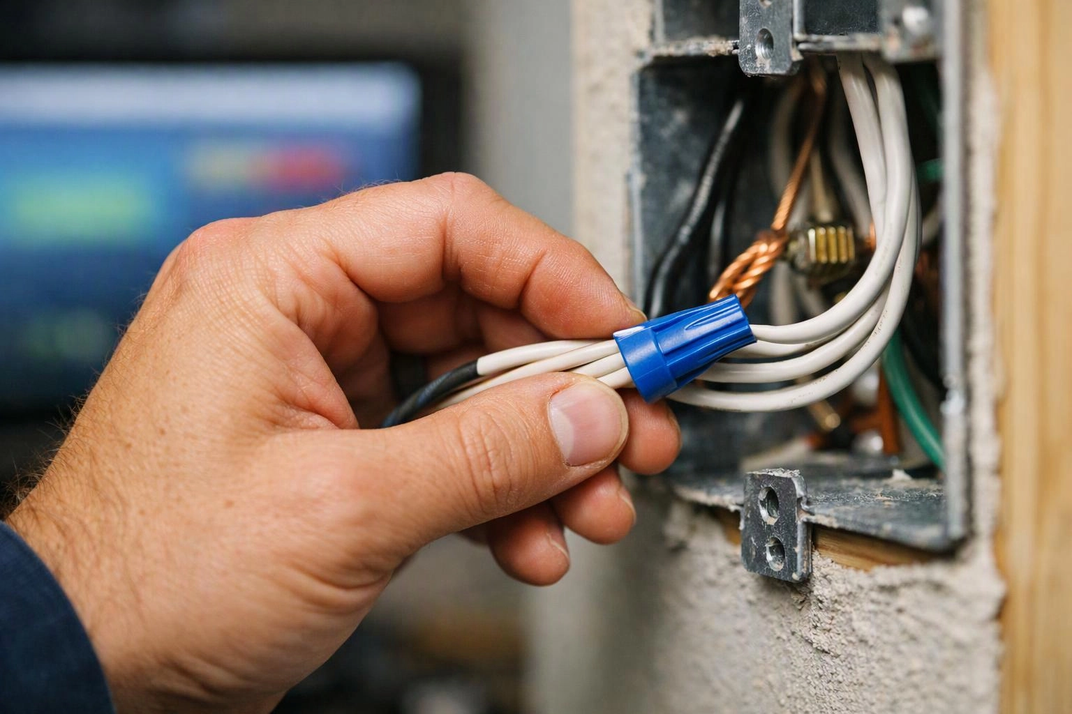 A hand connects white electrical wires with a blue wire nut inside a wall box
