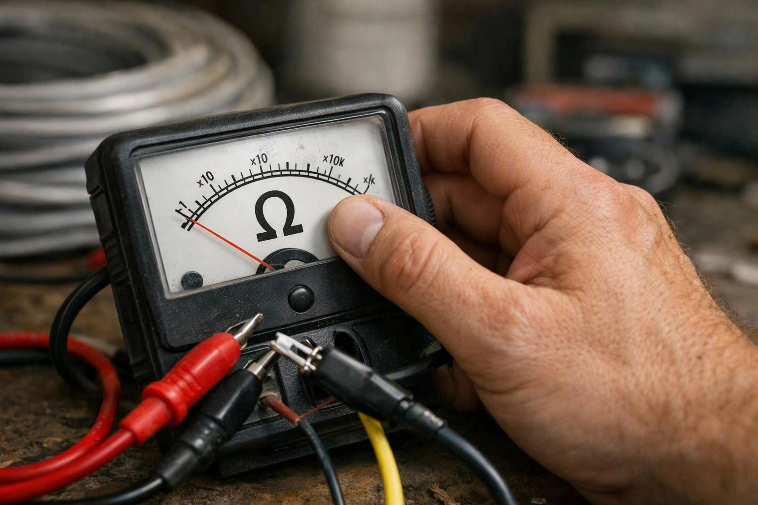 A hand holds an analog ohmmeter with test leads attached on a workbench