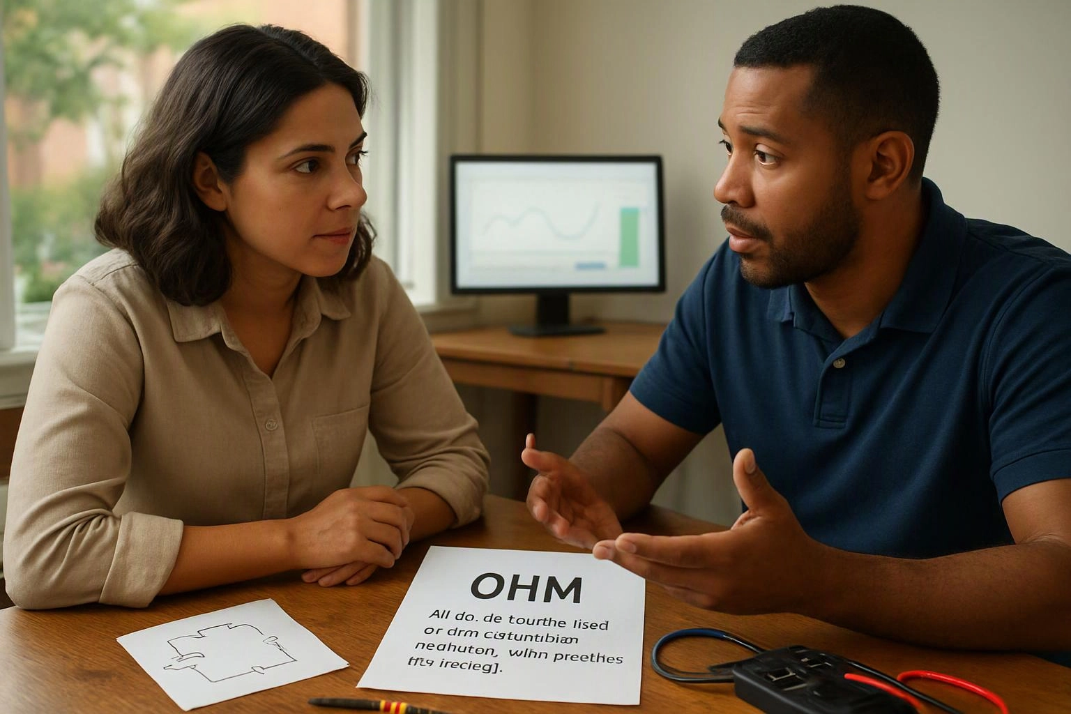 Two people sit at a table discussing papers, with a computer monitor and window behind them