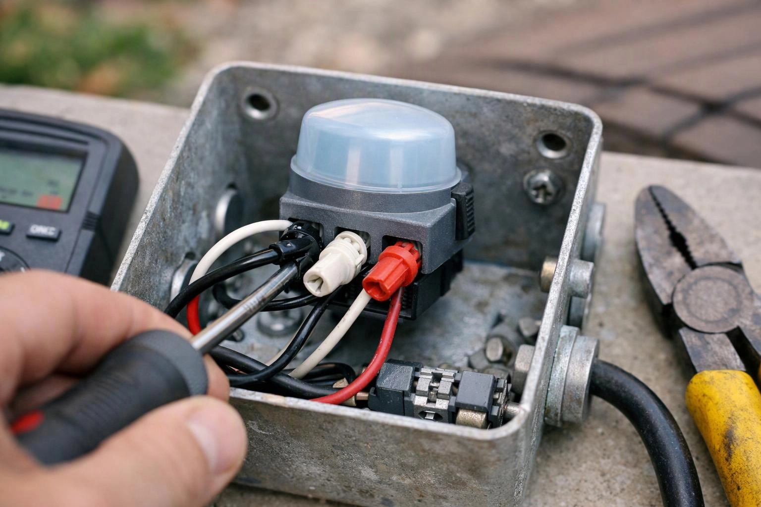 A hand uses a screwdriver inside a metal electrical box with wires, connectors, and tools nearby