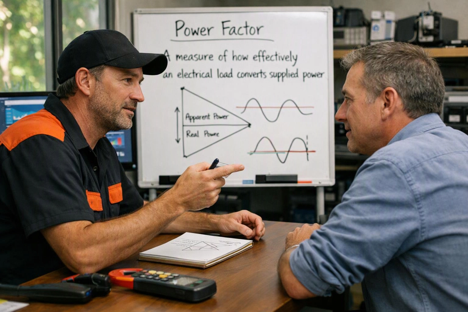 Two men talk at a desk while one points at a whiteboard showing power factor diagrams