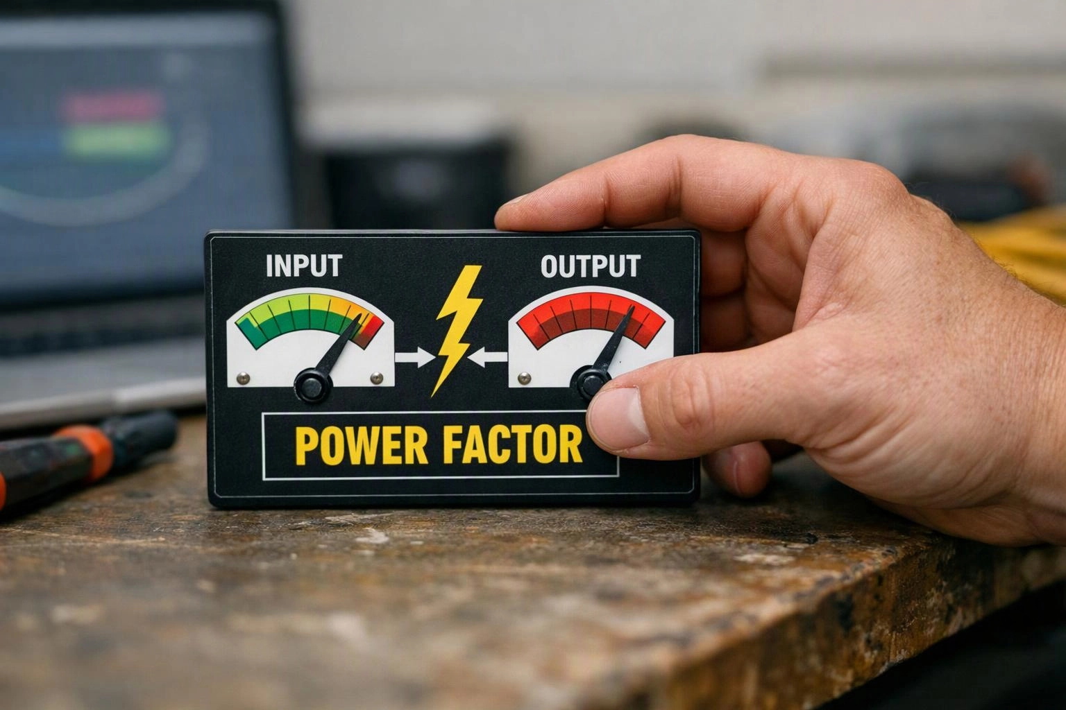 A hand holds a power factor meter with colored gauges on a workbench
