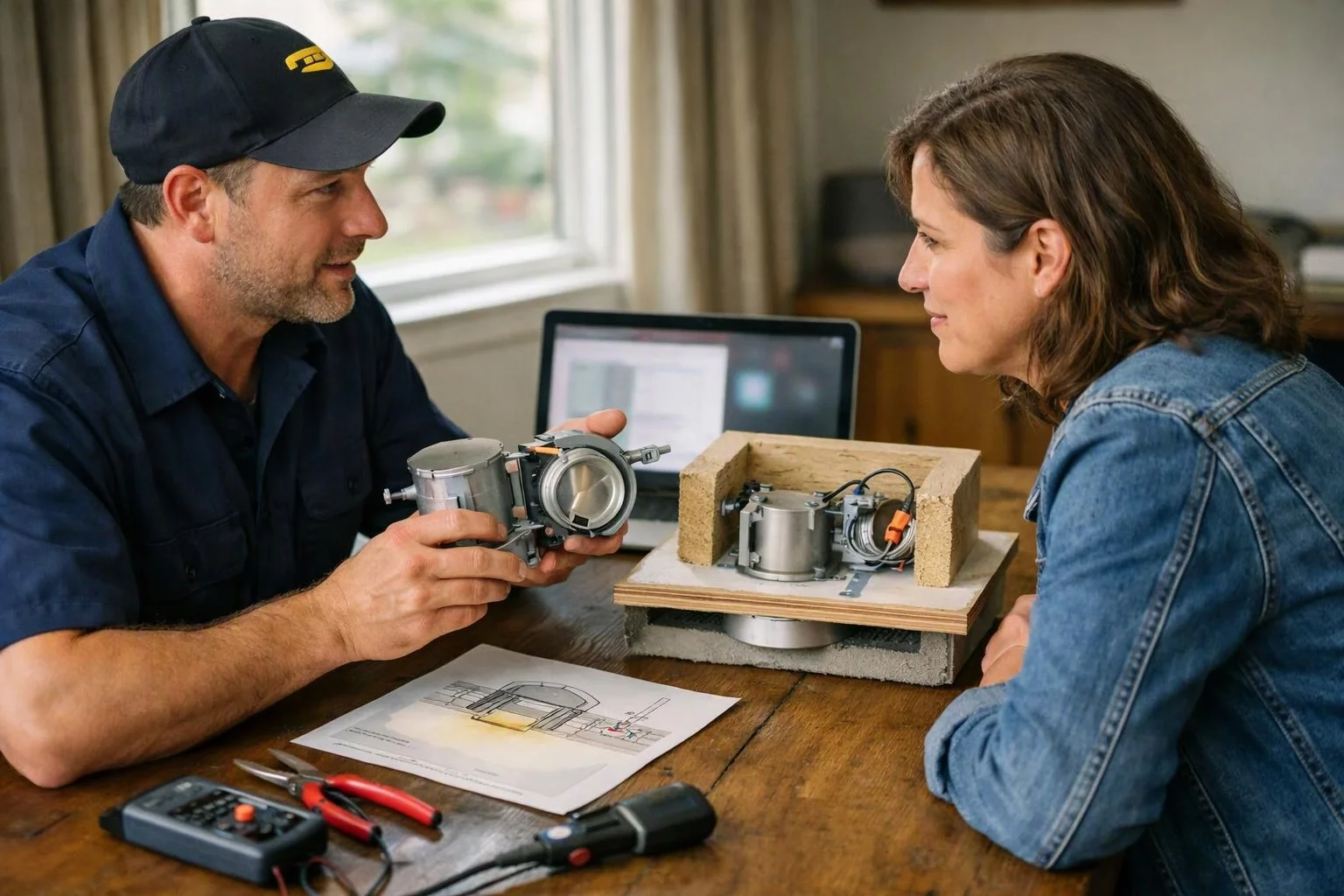 A man and woman study a metal device and a prototype on a wooden table in a home workspace