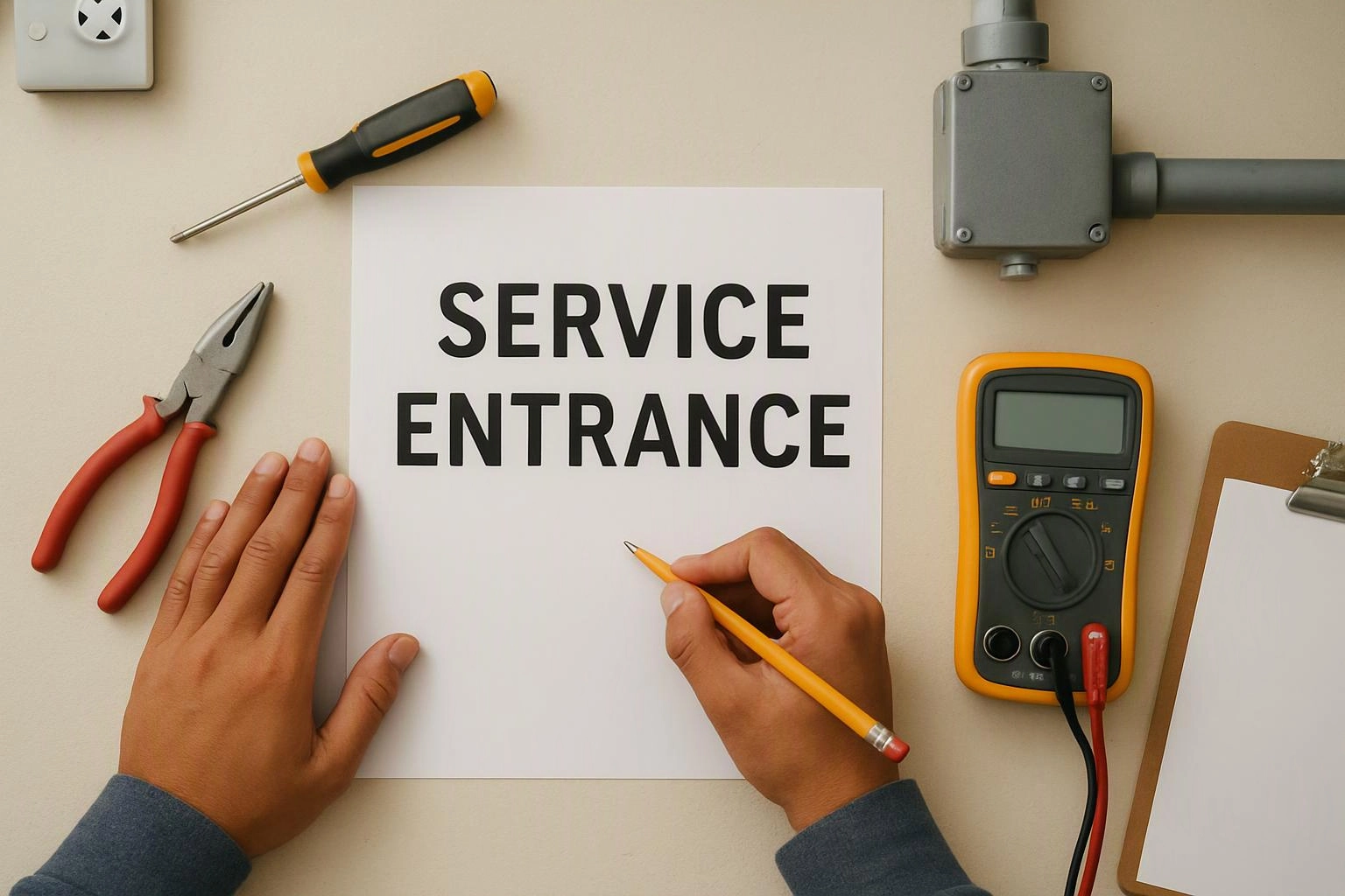 Hands hold a pencil over a paper labeled “SERVICE ENTRANCE” beside tools and a multimeter on a worktable
