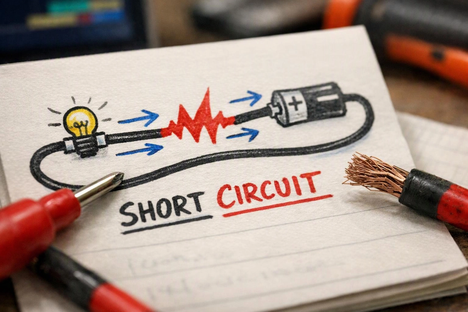 A notebook page shows a drawn short circuit diagram beside exposed electrical wire ends and test probes
