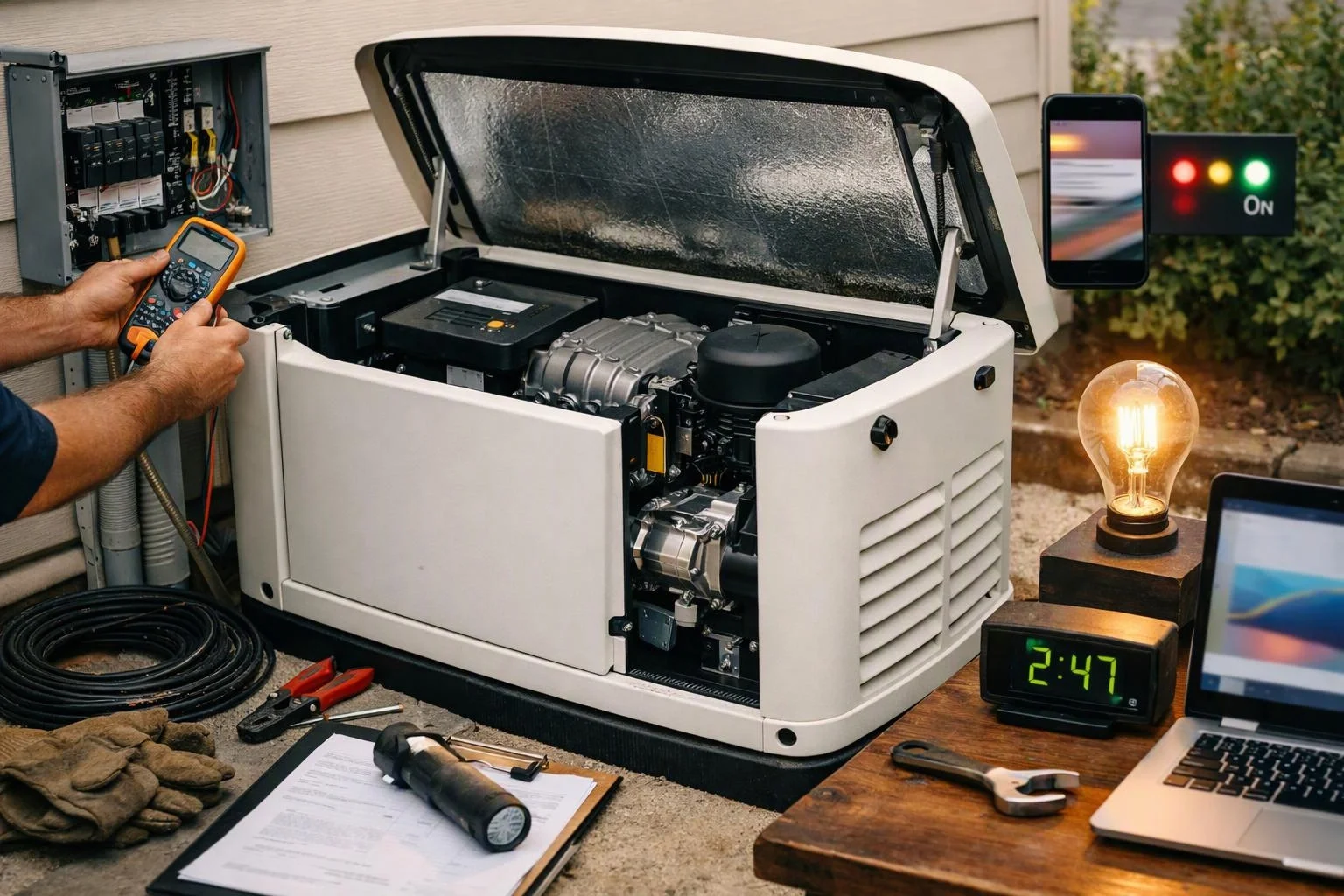 A technician tests an open generator beside electrical gear, tools, a lit bulb, and a laptop outdoors