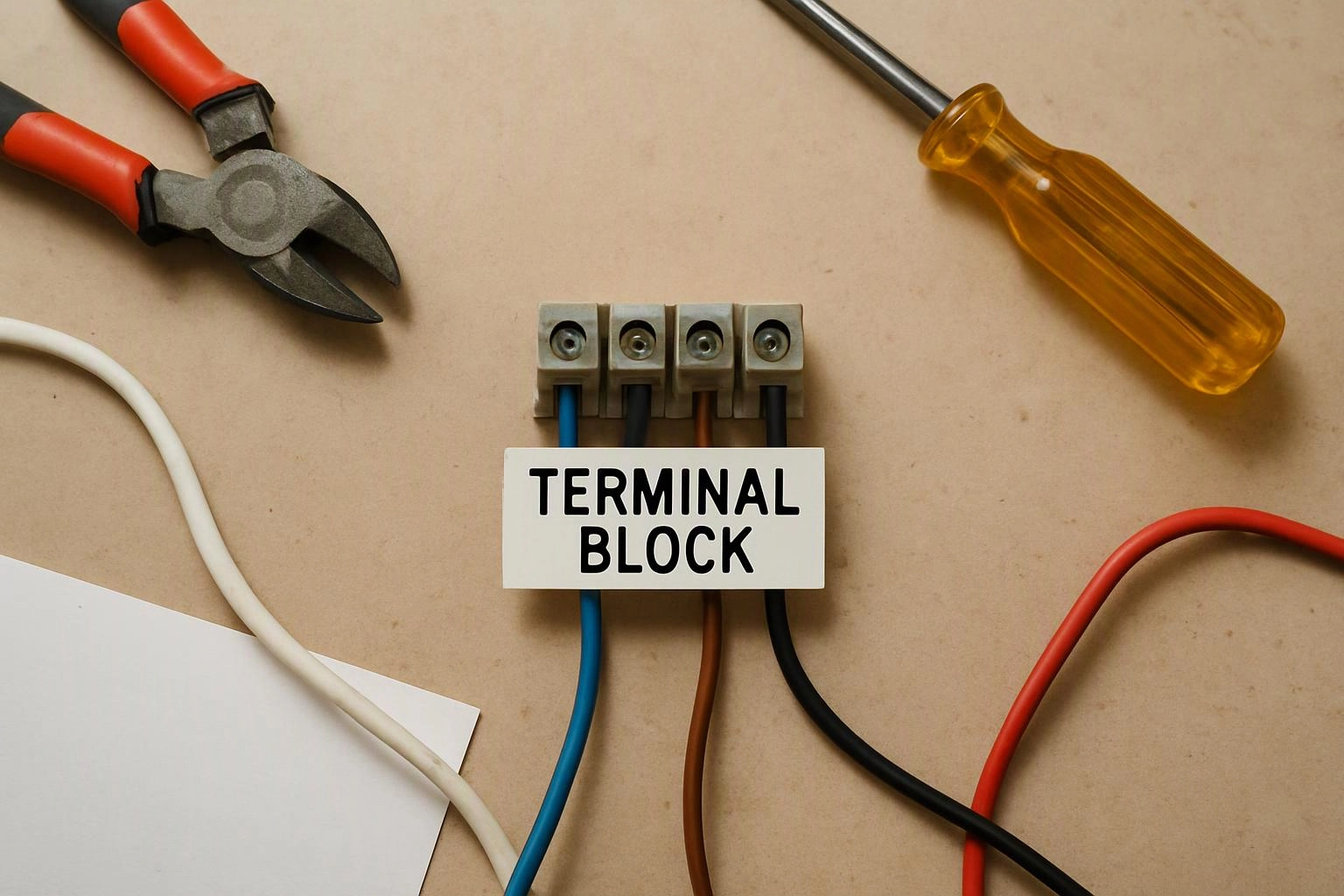 A terminal block with colored wires sits on a work surface beside pliers and a screwdriver