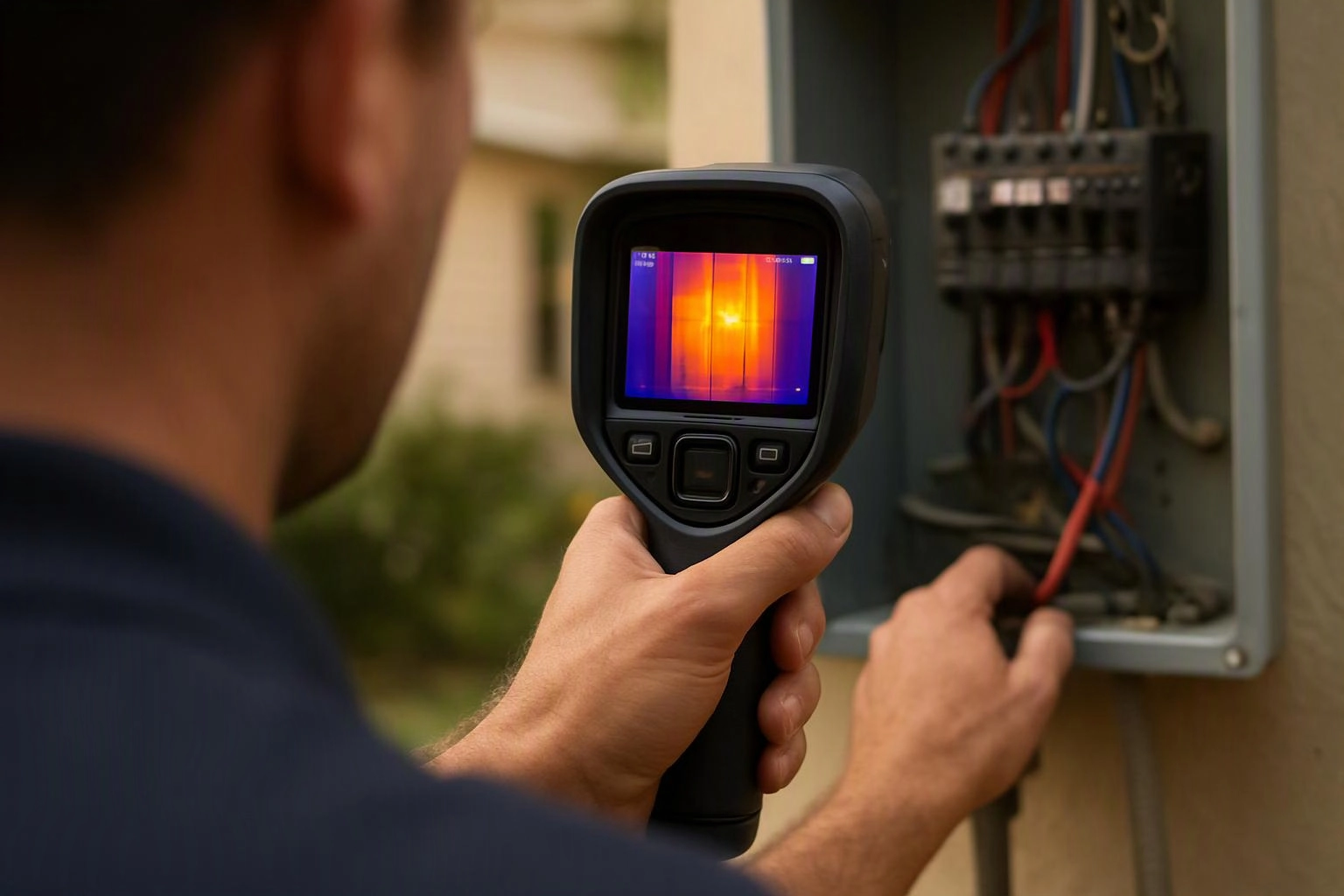 A person uses a thermal camera to inspect wiring inside an open electrical box outdoors