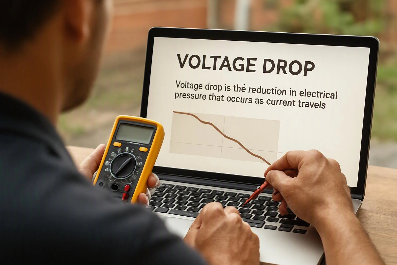 A person holds a multimeter and uses a laptop showing a “VOLTAGE DROP” slide with a downward graph