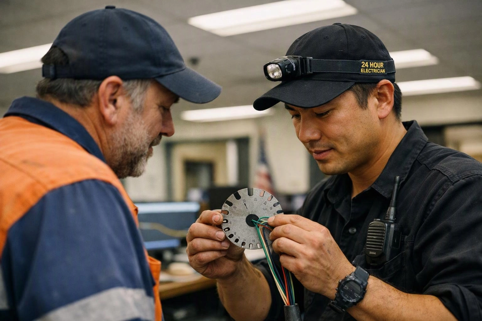 Two electricians examine a circular wiring part together in a bright indoor workspace