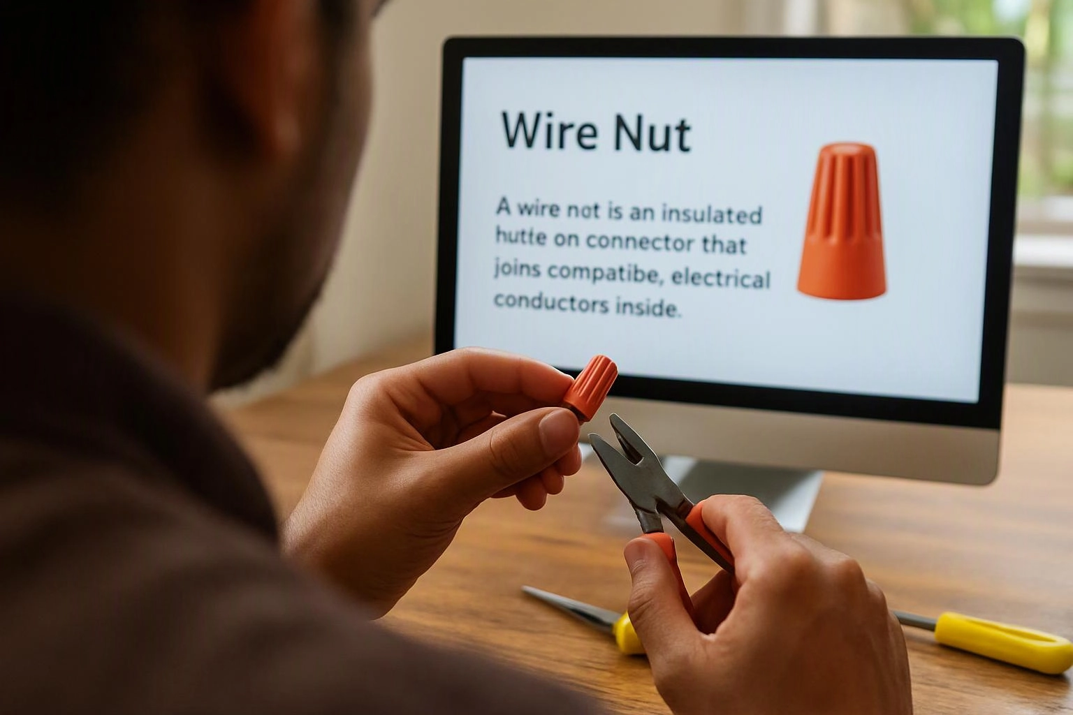 A person holds wire cutters and an orange wire nut while reading a tutorial on a computer screen