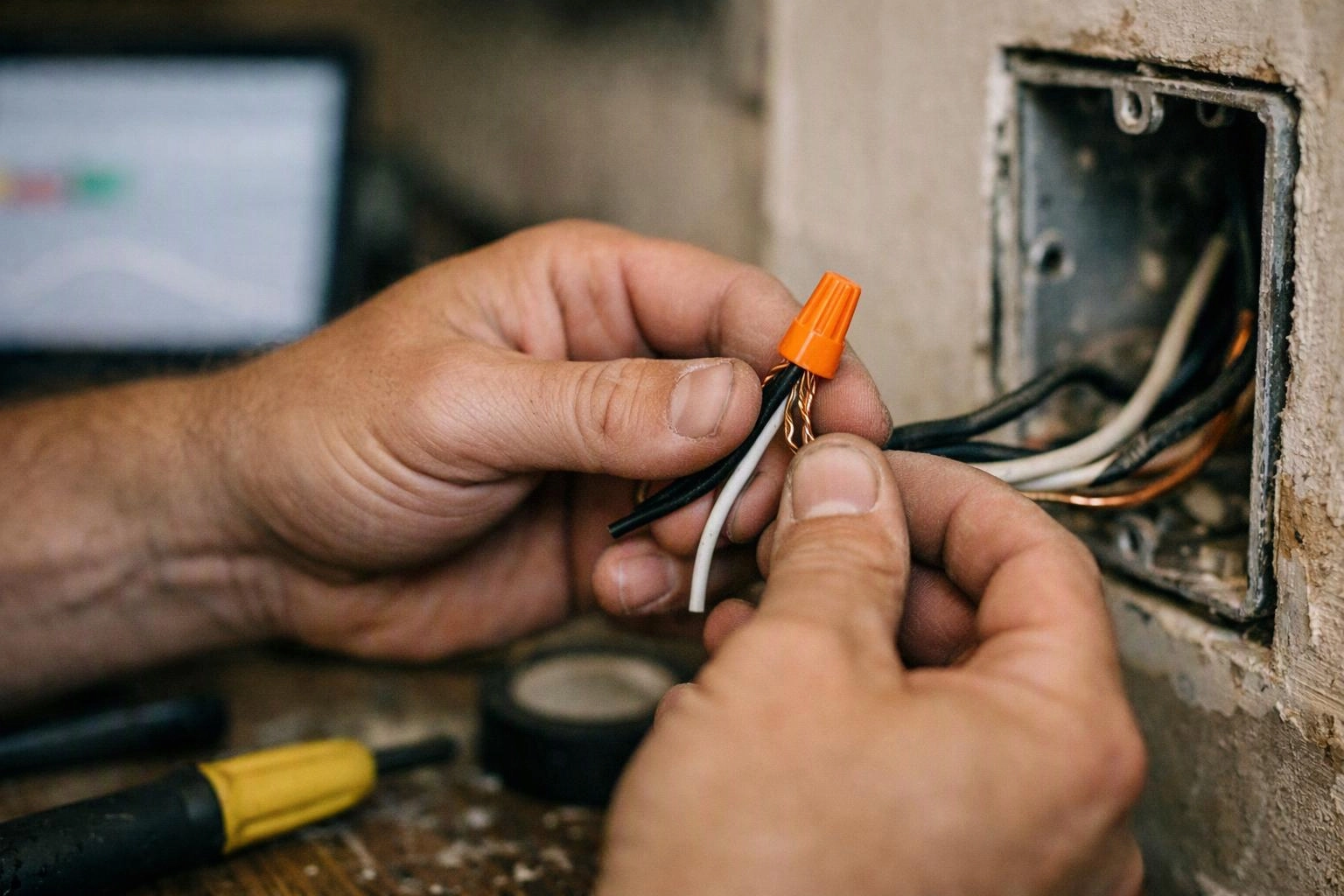 Hands twist exposed electrical wires with an orange cap inside a wall box