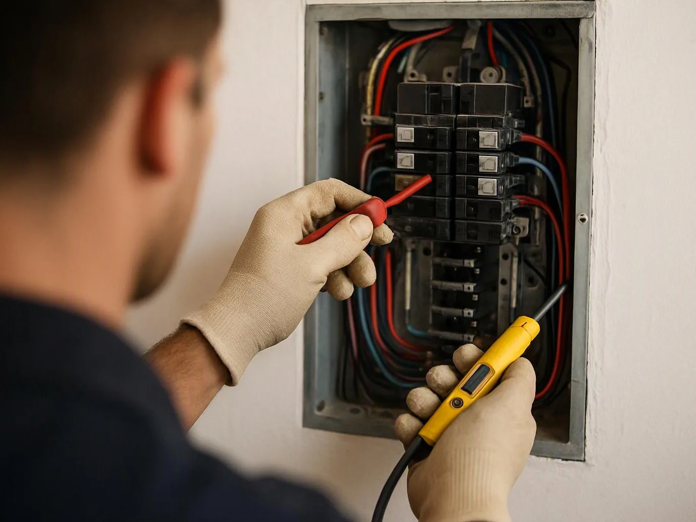 A gloved electrician tests a circuit breaker panel with two probes on a wall-mounted electrical box
