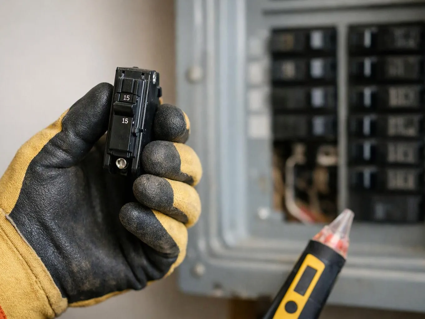 A gloved hand holds a 15-amp circuit breaker beside an open electrical panel with a tester probe in view