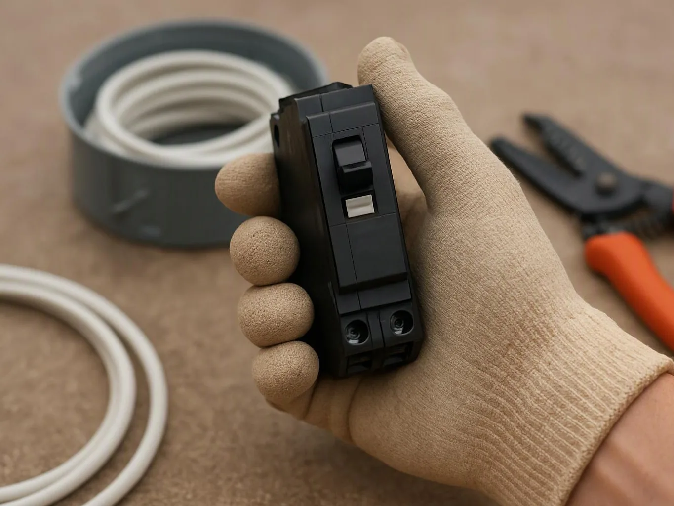 A gloved hand holds a black electrical breaker beside coiled wire and orange-handled pliers on a work surface