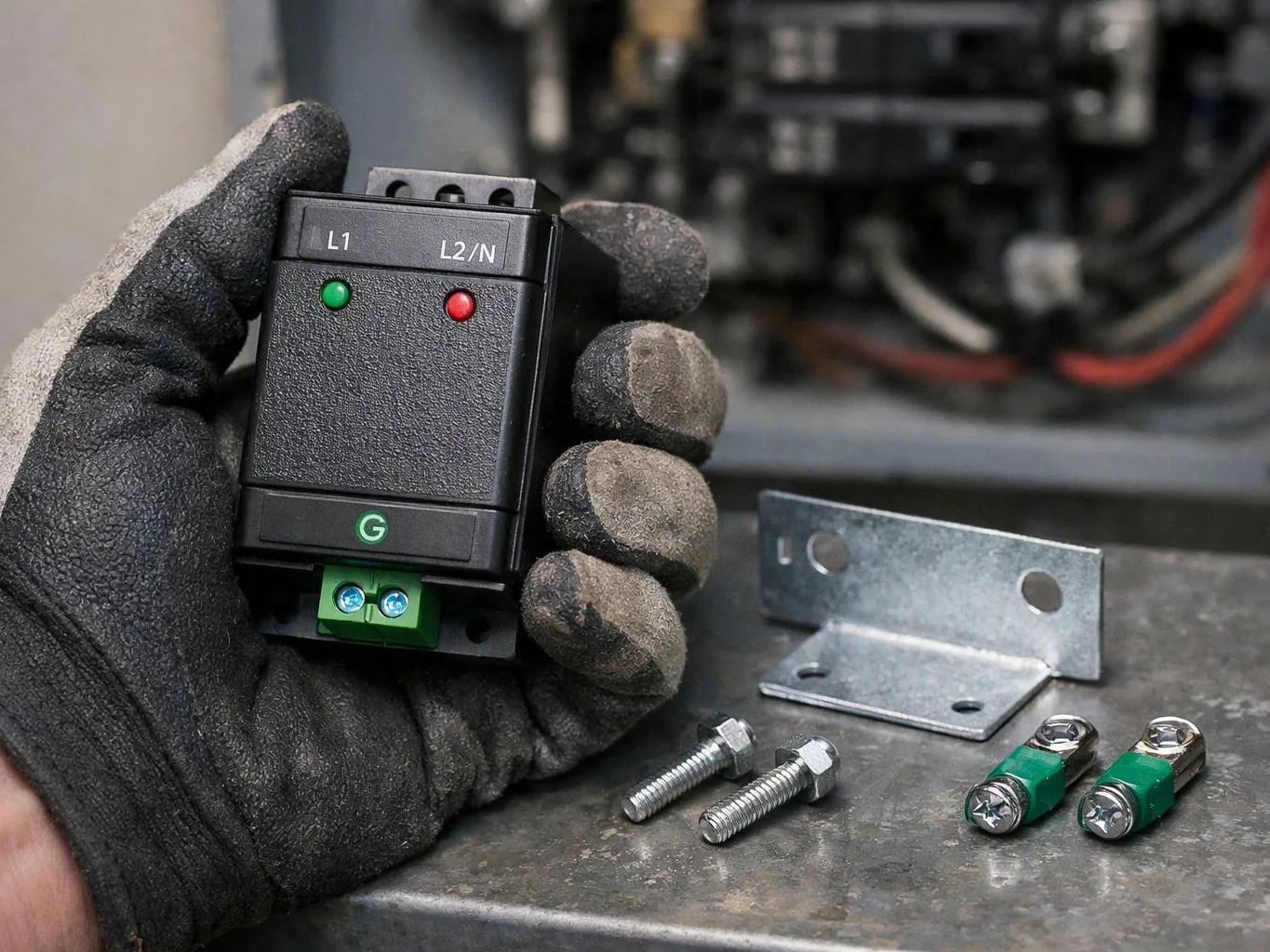 A gloved hand holds a black electrical module beside mounting brackets, bolts, and green wire connectors on a workbench