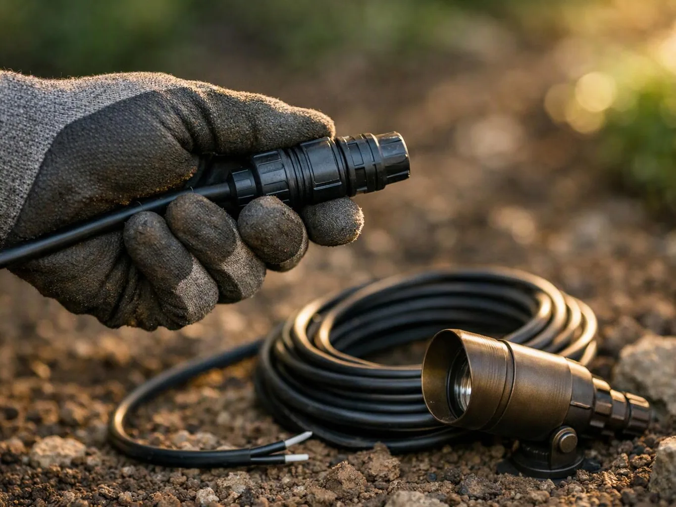 A gloved hand holds a cable connector beside a coiled black outdoor light on gravel