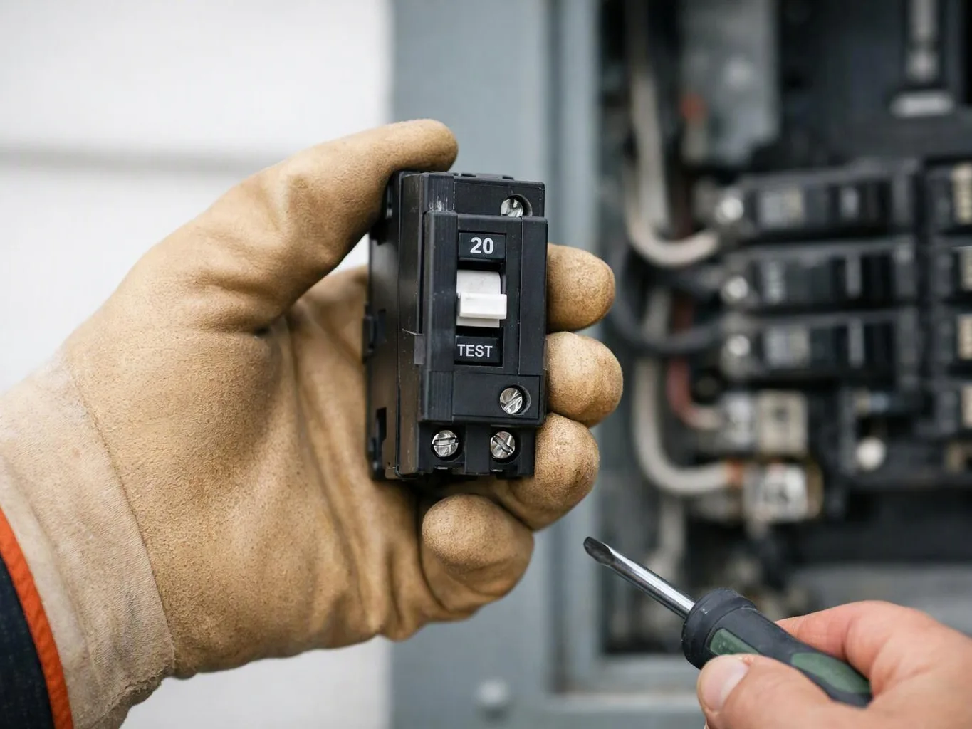 A gloved hand holds a circuit breaker while another hand points a screwdriver at it in an electrical panel