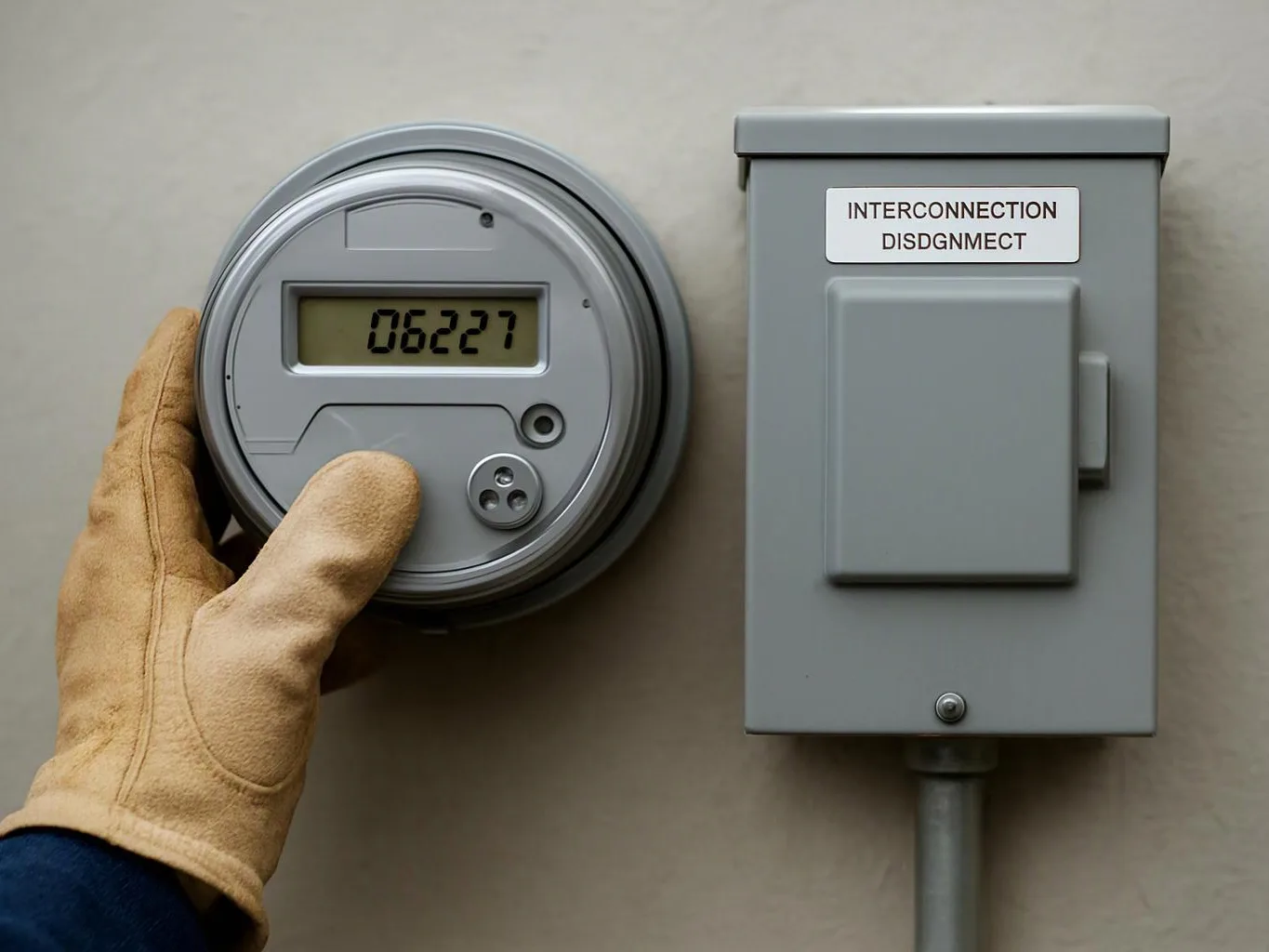 A gloved hand holds a digital meter beside a gray electrical disconnect box on a wall