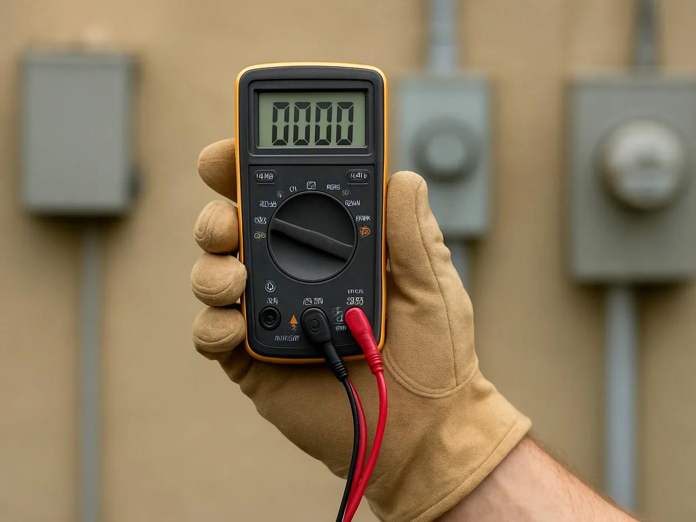 A gloved hand holds a digital multimeter in front of electrical boxes and conduit outdoors