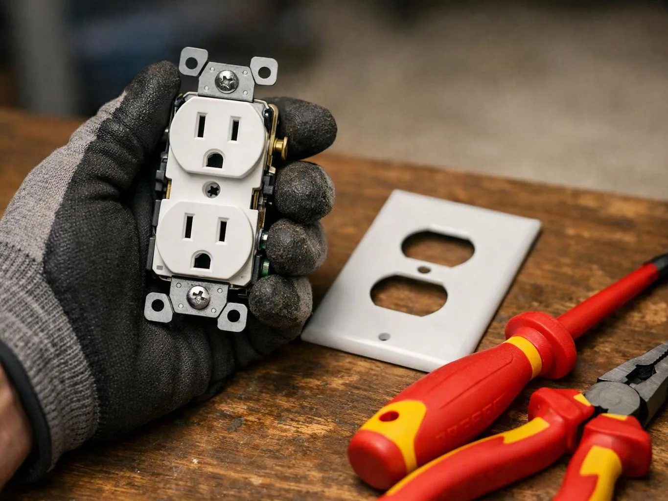 A gloved hand holds a duplex electrical outlet beside a wall plate and red-handled pliers on a wooden table