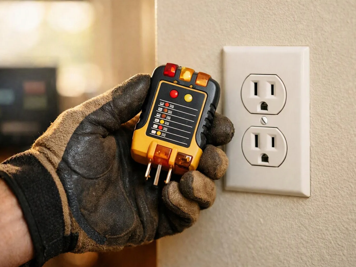 A gloved hand holds an electrical outlet tester beside a wall outlet in a home interior