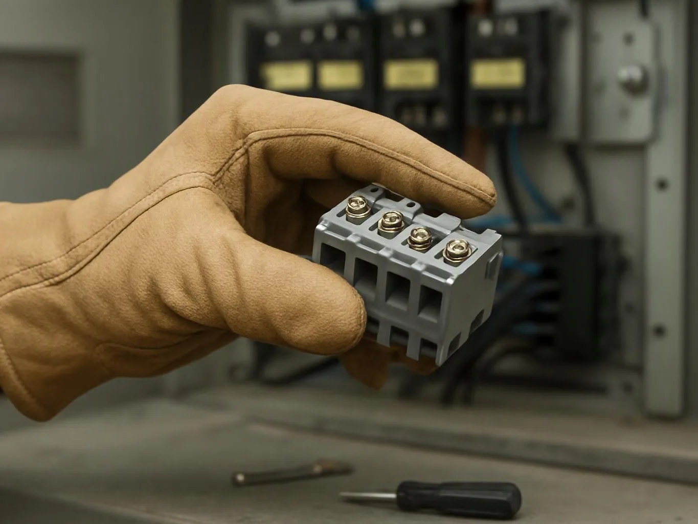 A gloved hand holds a gray electrical connector beside an open control panel with wires and a screwdriver below